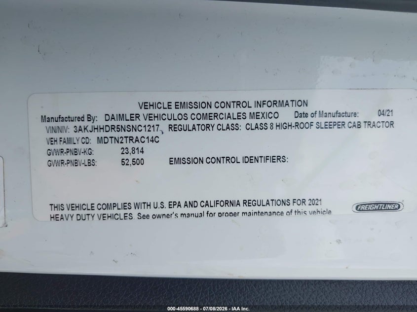 2022 FREIGHTLINER NEW CASCADIA 126 auction photo 8