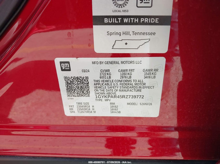2024 Cadillac Xt6 Fwd Luxury VIN: 1GYKPAR45RZ739772 Lot: 45590701