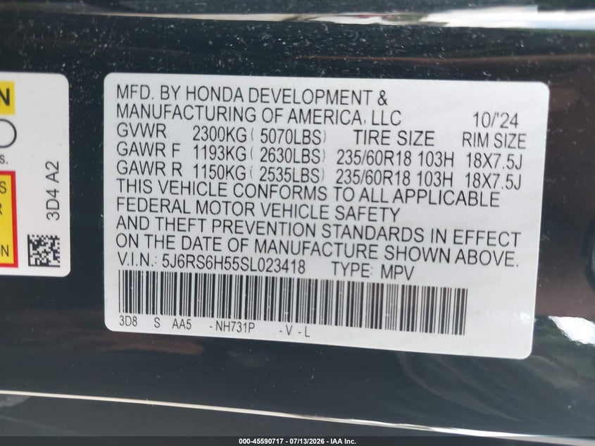 2025 Honda Cr-V Hybrid Sport VIN: 5J6RS6H55SL023418 Lot: 45590717