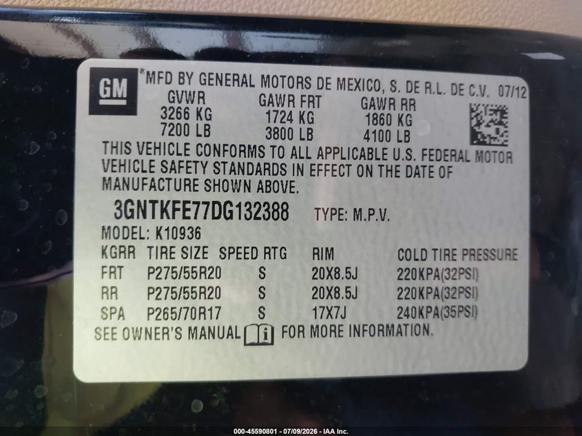 2013 Chevrolet Avalanche Lt VIN: 3GNTKFE77DG132388 Lot: 45590801