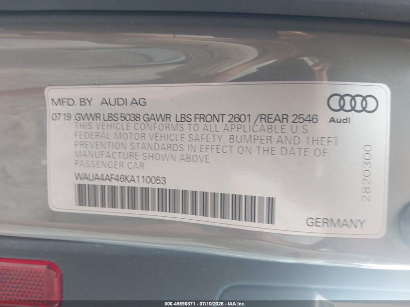AUDI S4 2019 VIN WAUA4AF46KA110053