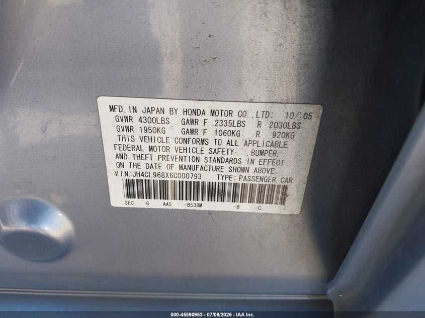 2006 Acura Tsx VIN: JH4CL968X6C000793 Lot: 45590953