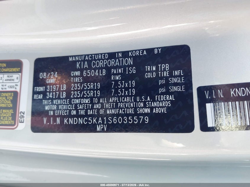 2025 Kia Carnival Mpv Hybrid Ex VIN: KNDNC5KA1S6035579 Lot: 45590971