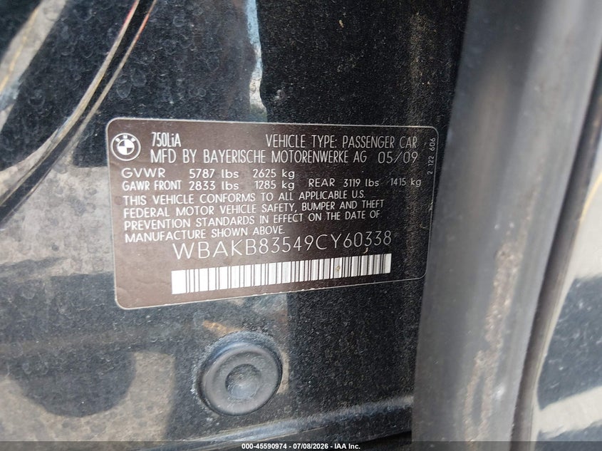 2009 BMW 750Li VIN: WBAKB83549CY60338 Lot: 45590974