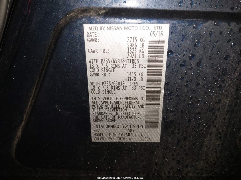 2016 Infiniti Qx60 VIN: 5N1AL0MM6GC521544 Lot: 45590986