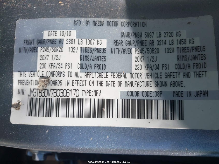 2011 Mazda Cx-9 Grand Touring VIN: JM3TB3DV7B0306170 Lot: 45590991