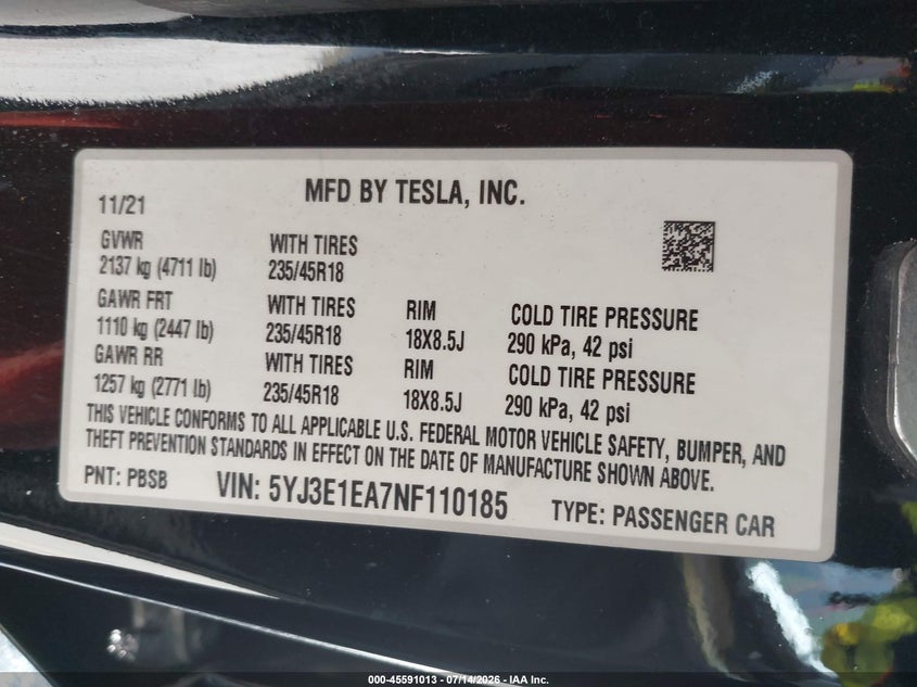 2022 Tesla Model 3 Rear-Wheel Drive VIN: 5YJ3E1EA7NF110185 Lot: 45591013
