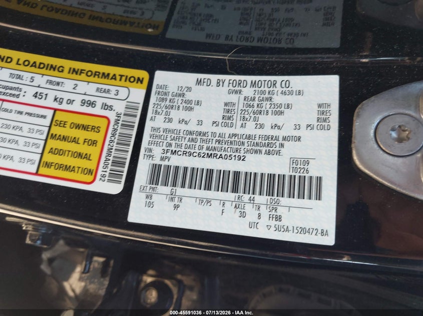 2021 Ford Bronco Sport Outer Banks VIN: 3FMCR9C62MRA05192 Lot: 45591036