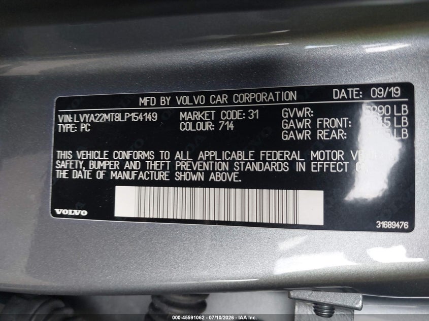 2020 Volvo S90 T6 R-Design VIN: LVYA22MT8LP154149 Lot: 45591062