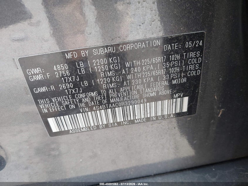 2024 Subaru Outback VIN: 4S4BTAAC0R3290049 Lot: 45591063