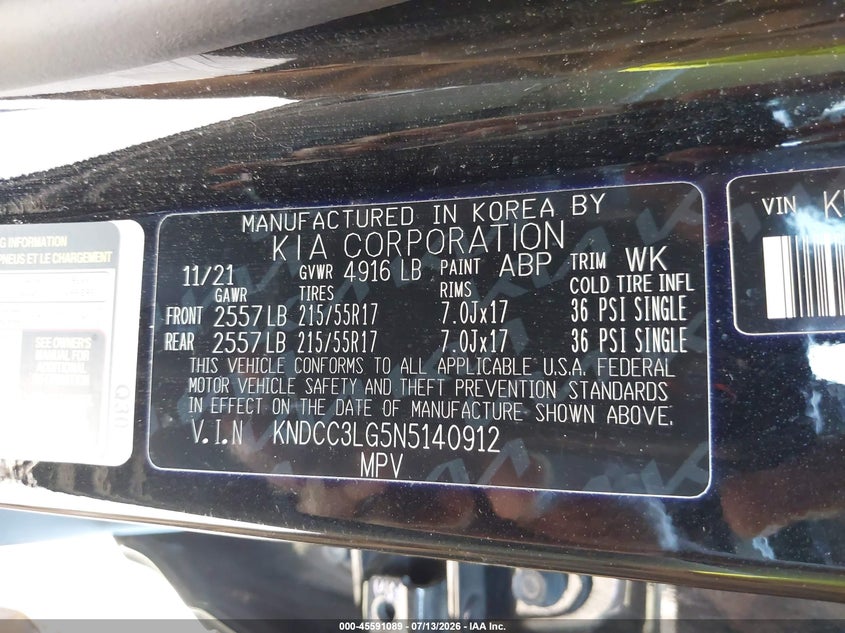 2022 Kia Niro Ev Ex VIN: KNDCC3LG5N5140912 Lot: 45591089