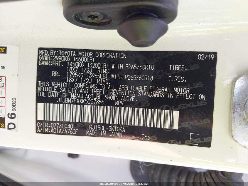 2019 Lexus Gx 460 Premium VIN: JTJBM7FXXK5227855 Lot: 45591120