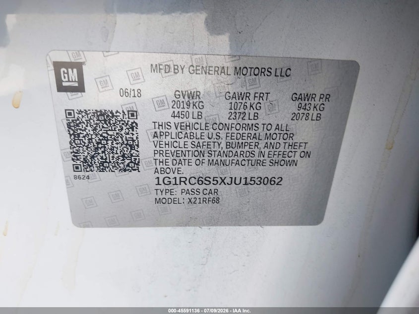 2018 Chevrolet Volt Lt VIN: 1G1RC6S5XJU153062 Lot: 45591136