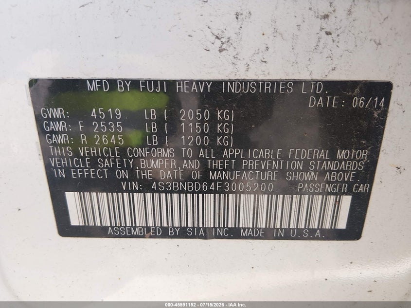 2015 Subaru Legacy 2.5I Premium VIN: 4S3BNBD64F3005200 Lot: 45591152