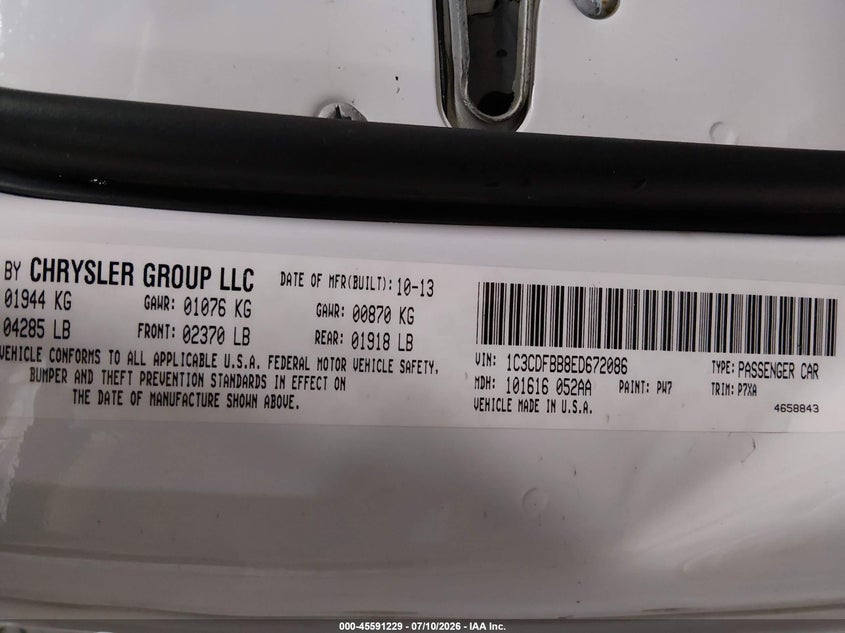 2014 Dodge Dart Sxt VIN: 1C3CDFBB8ED672086 Lot: 45591229