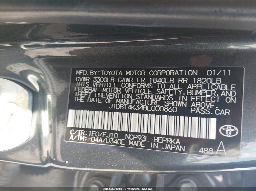 2011 Toyota Yaris VIN: JTDBT4K34BL000860 Lot: 45591240