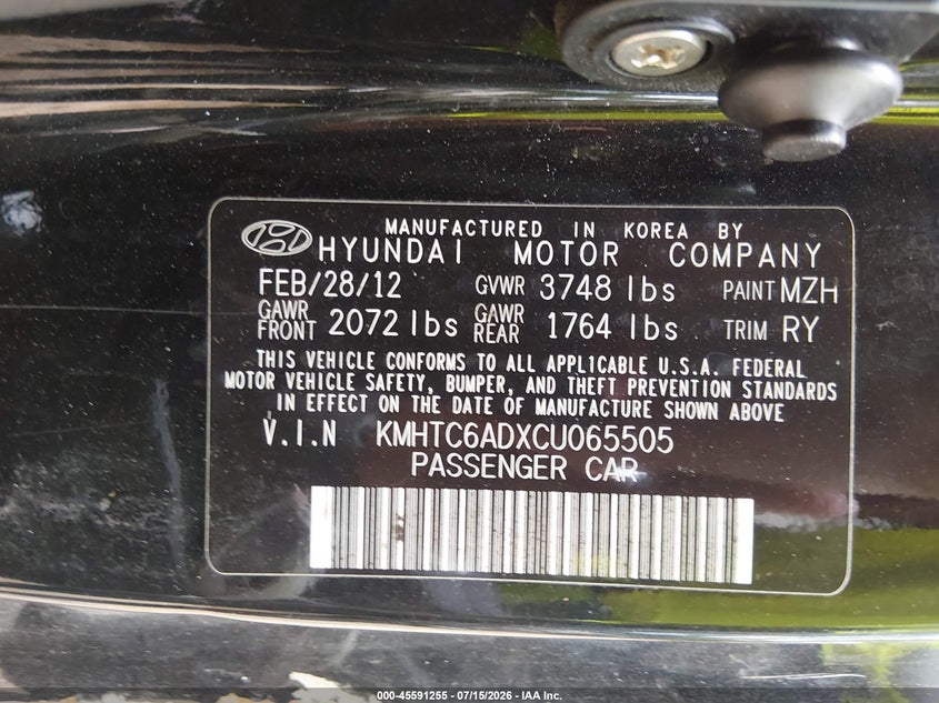 2012 Hyundai Veloster Base W/Black VIN: KMHTC6ADXCU065505 Lot: 45591255
