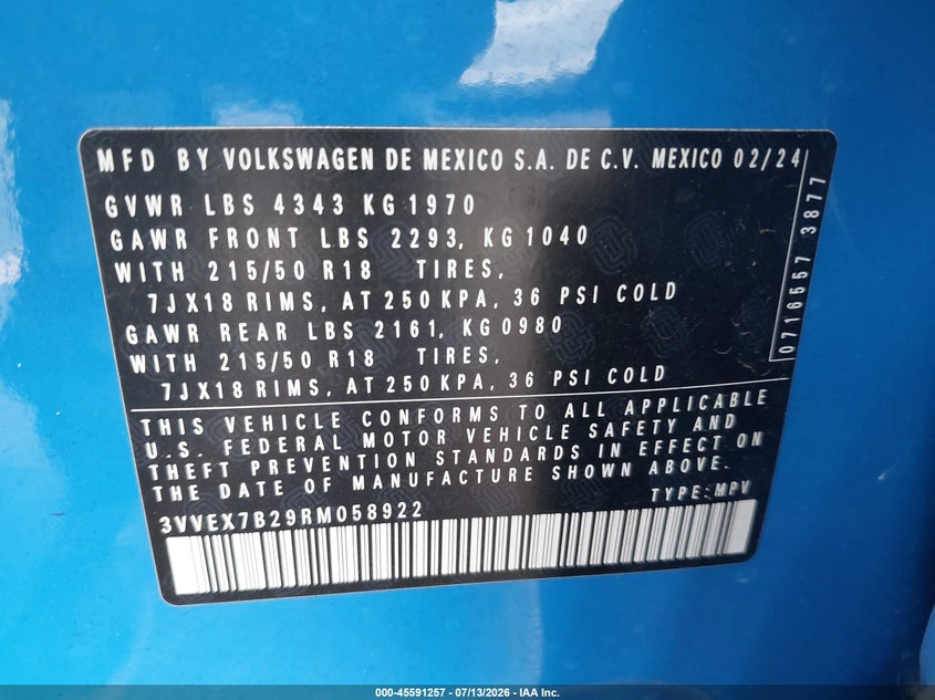 2024 Volkswagen Taos 1.5T Se VIN: 3VVEX7B29RM058922 Lot: 45591257