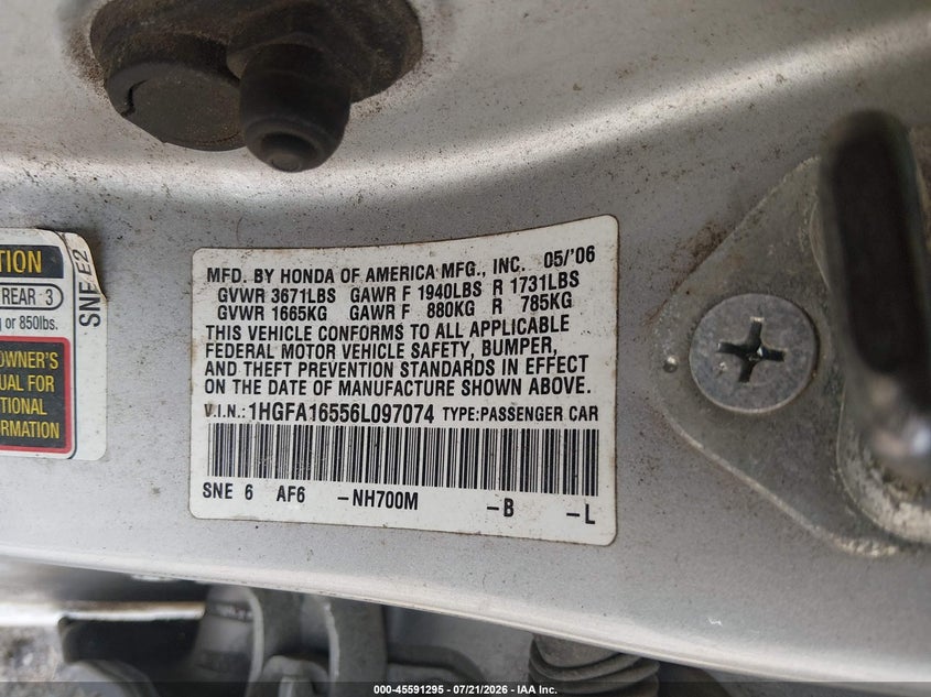 2006 Honda Civic Lx VIN: 1HGFA16556L097074 Lot: 45591295