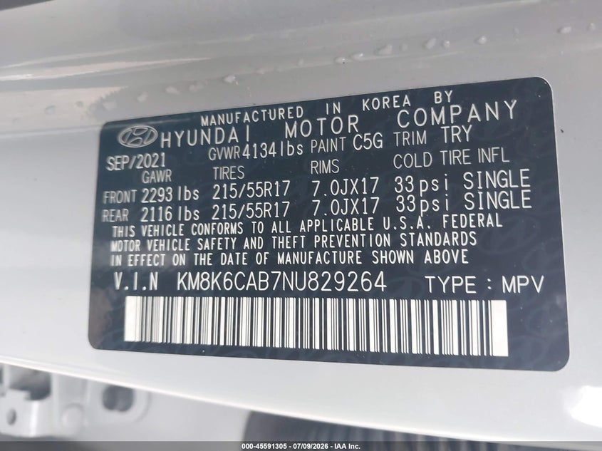 2022 Hyundai Kona Sel VIN: KM8K6CAB7NU829264 Lot: 45591305