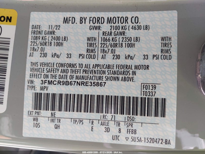 2022 Ford Bronco Sport Big Bend VIN: 3FMCR9B67NRE35867 Lot: 45591309