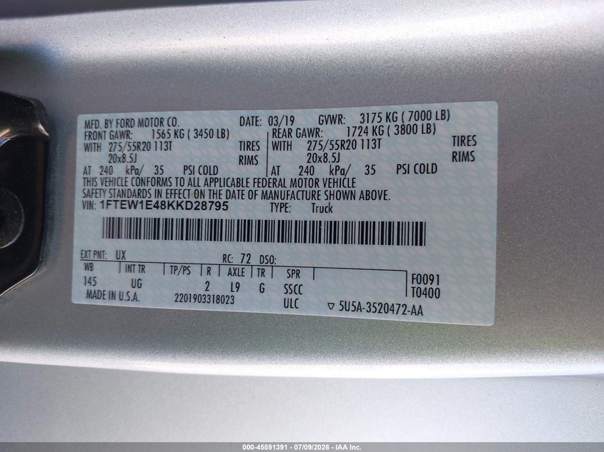2019 FORD F-150 TRUCK 3.5L V6 FI DOHC 24V NF4