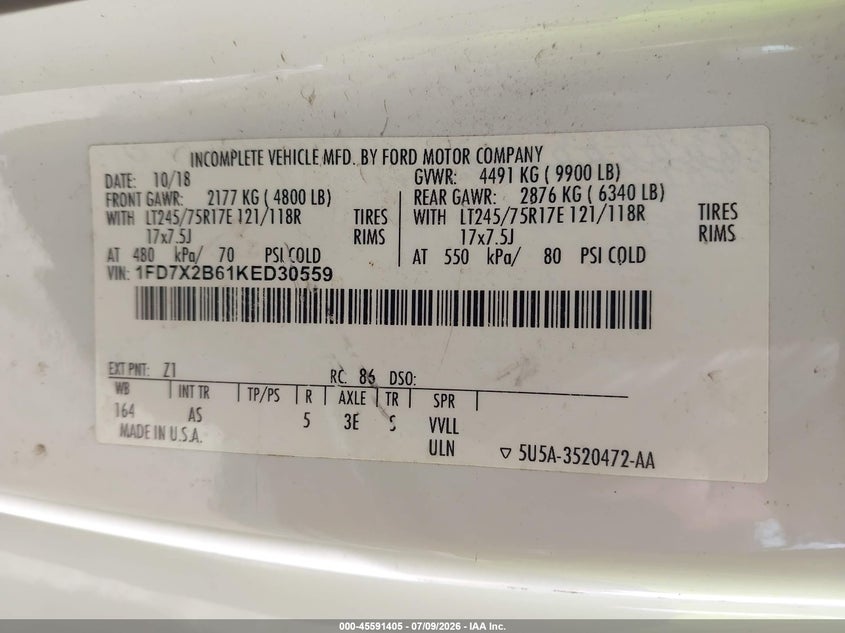2019 Ford F-250 Xl VIN: 1FD7X2B61KED30559 Lot: 45591405