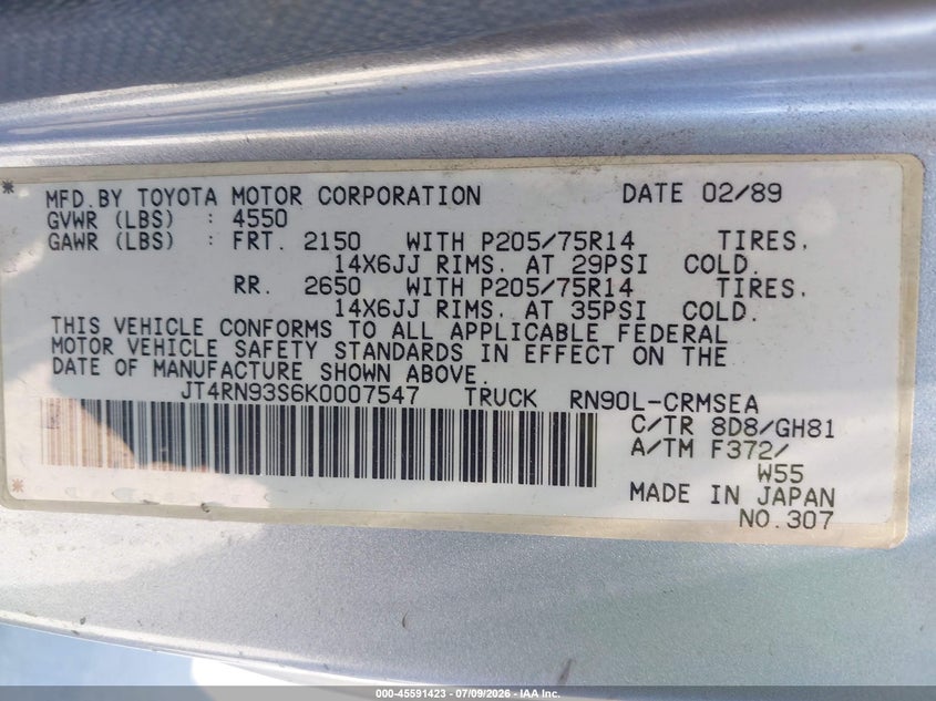 1989 Toyota Pickup 1/2 Ton Ex Lng Whlbase Sr VIN: JT4RN93S6K0007547 Lot: 45591423