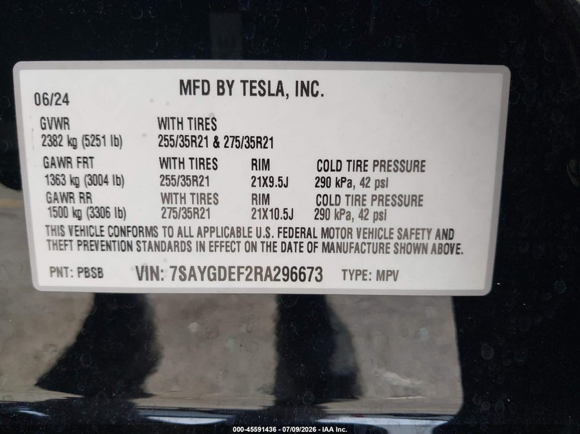 2024 Tesla Model Y Performance Dual Motor All-Wheel Drive VIN: 7SAYGDEF2RA296673 Lot: 45591436