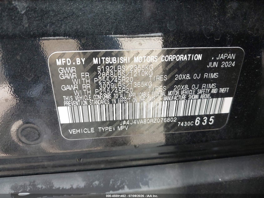 2024 Mitsubishi Outlander Se 2.5 S-Awc/Se Black Edition S-Awc/Se Black Edition W/Pano Roof S-Awc/Se Ralliart S-Awc VIN: JA4J4VA80RZ076802 Lot: 45591462
