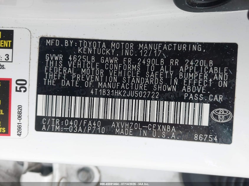 TOYOTA CAMRY HYBRID 2018 VIN 4T1B31HK2JU502722
