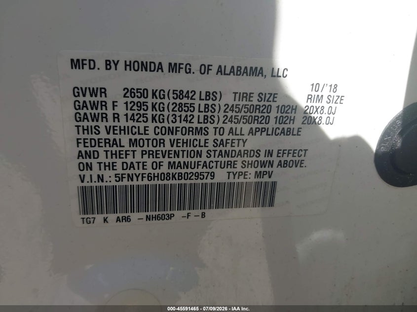 HONDA PILOT 2019 VIN 5FNYF6H08KB029579