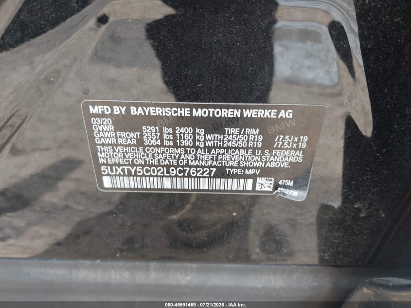 2020 BMW X3 xDrive30I VIN: 5UXTY5C02L9C76227 Lot: 45591469
