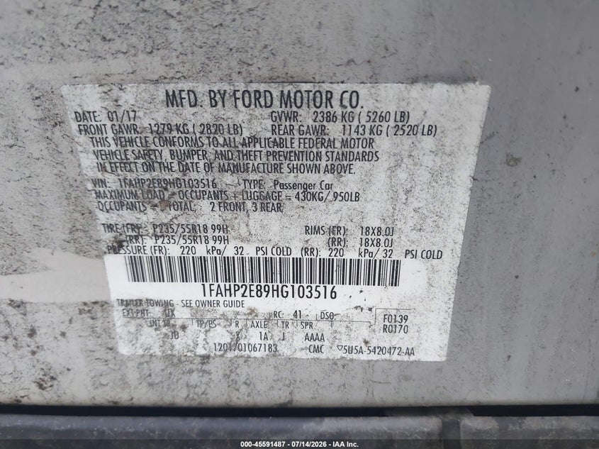 2017 Ford Taurus Sel VIN: 1FAHP2E89HG103516 Lot: 45591487
