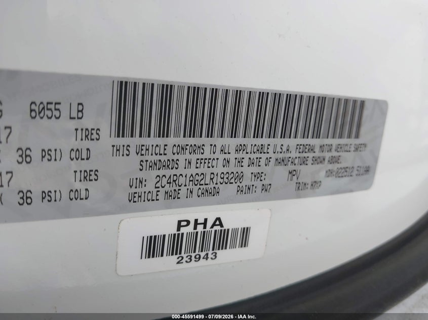 2020 Chrysler Voyager L VIN: 2C4RC1AG2LR193200 Lot: 45591499