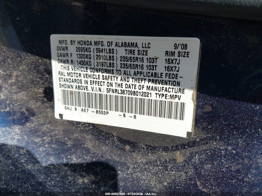 2009 Honda Odyssey Ex-L VIN: 5FNRL38709B012021 Lot: 45591505