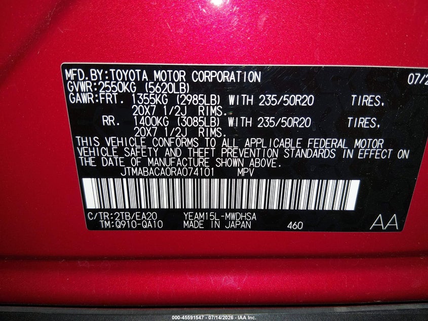 2024 Toyota Bz4X Limited VIN: JTMABACA0RA074101 Lot: 45591547