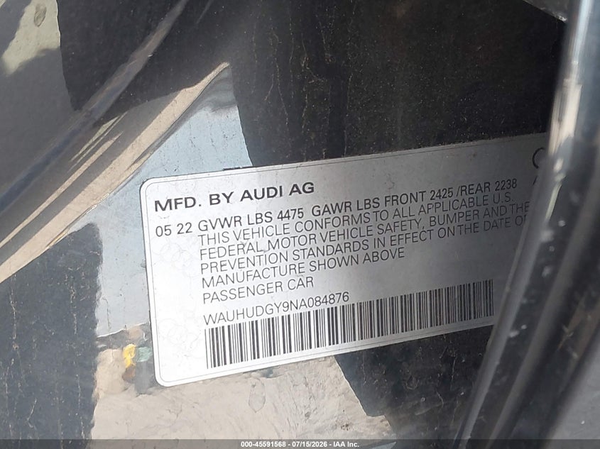 2022 Audi A3 Premium Plus 40 Tfsi Quattro S Tronic VIN: WAUHUDGY9NA084876 Lot: 45591568