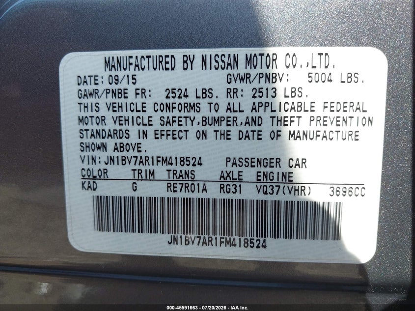 INFINITI Q50 2015 VIN JN1BV7AR1FM418524