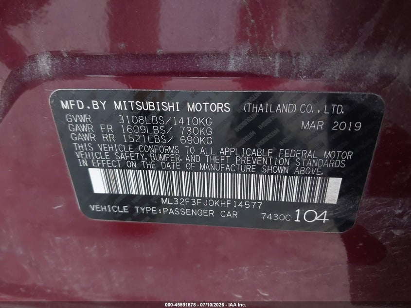 2019 Mitsubishi Mirage G4 Es VIN: ML32F3FJ0KHF14577 Lot: 45591678