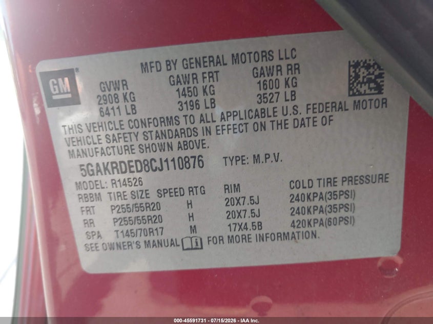 2012 Buick Enclave Premium VIN: 5GAKRDED8CJ110876 Lot: 45591731