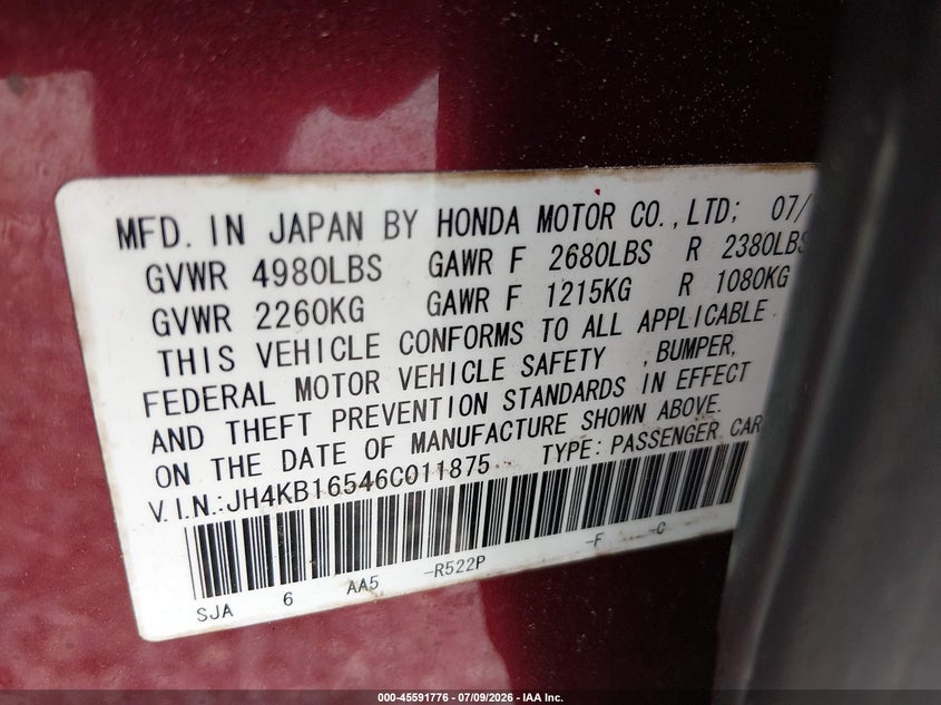 2006 Acura Rl 3.5 VIN: JH4KB16546C011875 Lot: 45591776