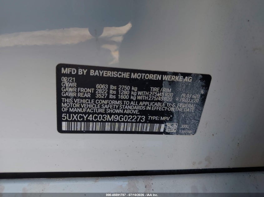 BMW X6 2021 VIN 5UXCY4C03M9G02273