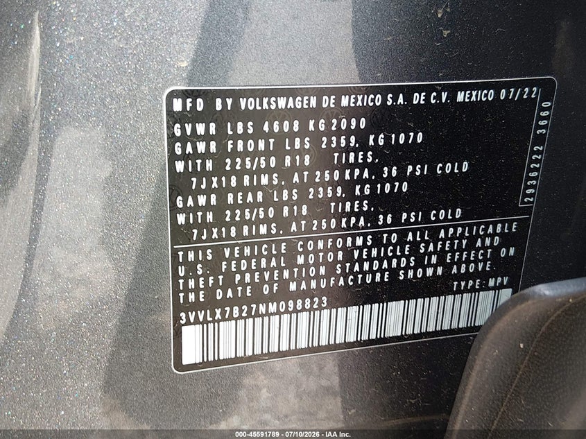 2022 Volkswagen Taos 1.5T Se VIN: 3VVLX7B27NM098823 Lot: 45591789