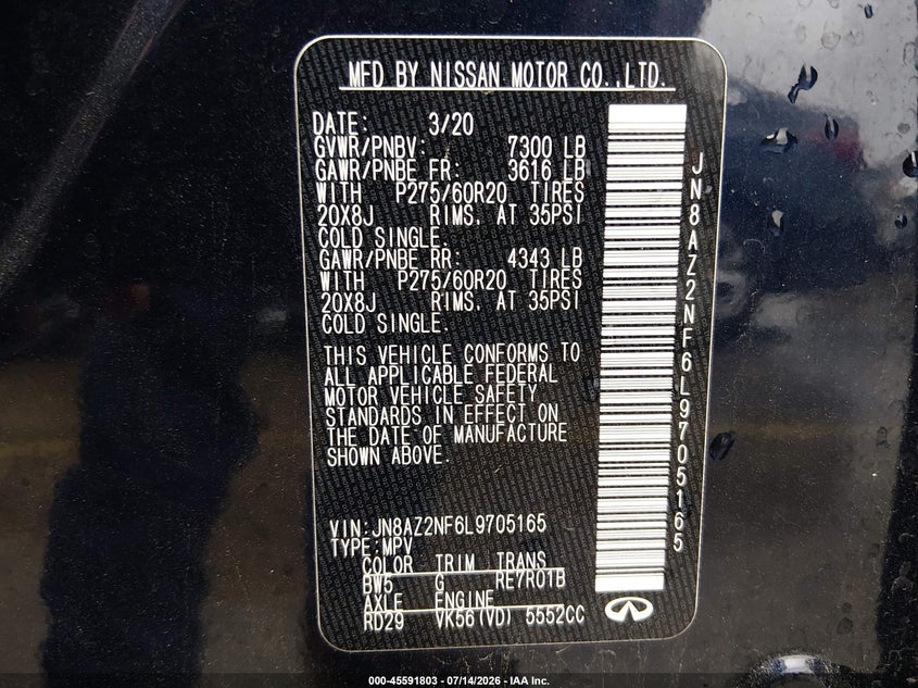 2020 Infiniti Qx80 Luxe VIN: JN8AZ2NF6L9705165 Lot: 45591803