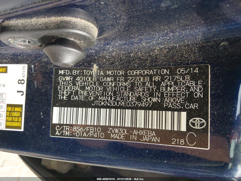 2014 Toyota Prius Three VIN: JTDKN3DU9E0379497 Lot: 45591810