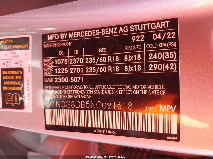 2022 Mercedes-Benz Glc 300 Suv VIN: W1N0G8DB5NG091618 Lot: 45591828