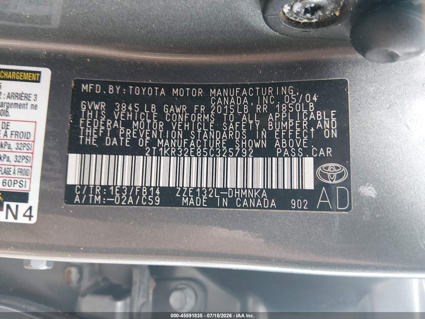 2005 Toyota Matrix Xr VIN: 2T1KR32E85C325792 Lot: 45591835