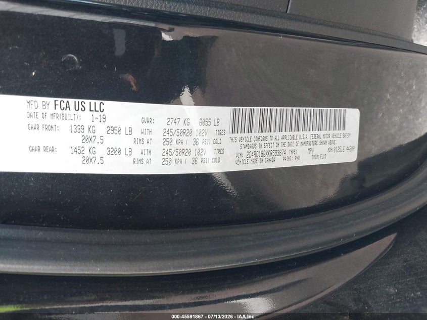 2019 Chrysler Pacifica Touring L VIN: 2C4RC1BGXKR593874 Lot: 45591867