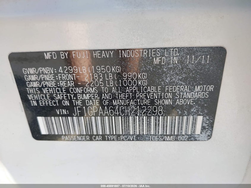 2012 SUBARU IMPREZA HATCHBACK 2.0L H-4 DOHC, VVT, 148HP
